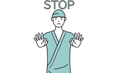 ストップの合図、体の前に手を突き出す男性入院患者