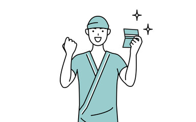 預金通帳を見て喜ぶ男性入院患者