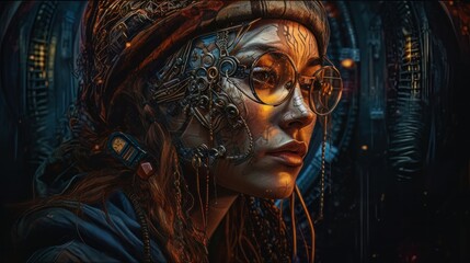Woman wired to a machine. Concept: technology addiction. Generative AI