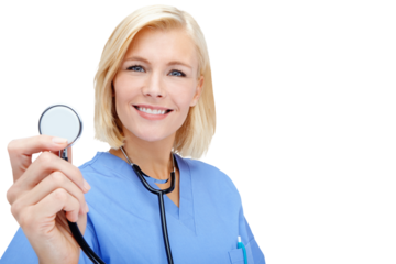 Nurse, portrait and woman with a stethoscope, smile and worker isolated against a transparent background. Face, female employee and medical professional with healthcare equipment, doctor and png.
