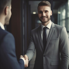 Hiring manager greeting male applicant with a handshake