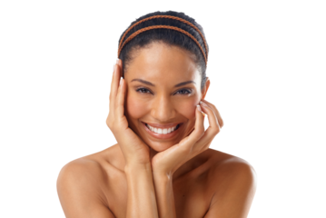 Happy woman, natural beauty and portrait of skincare isolated on transparent png background. Facial, dermatology and female touch face for healthy aesthetic glow, shine or smile for cosmetic wellness