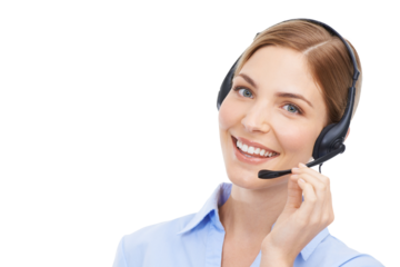 Call center, portrait and face of a woman with smile and headset for customer support. Happy female consultant, telemarketing agent and sales or telecom worker isolated on transparent, png background