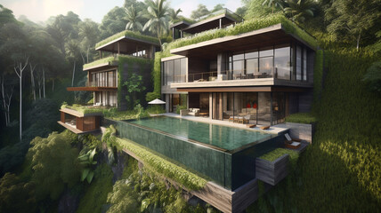 Large luxury villa design in three stories, large balconies completly filled with plants, lush green landscape like bali