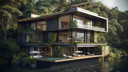 Fototapeta na wymiar Large luxury villa design in three stories, large balconies completly filled with plants, lush green landscape like bali