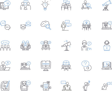 Interrogations and replies line icons collection. Inquiry, Query, Question, Interrogation, Examination, Investigation, Challenge vector and linear illustration. Testimony,Response,Answer outline signs