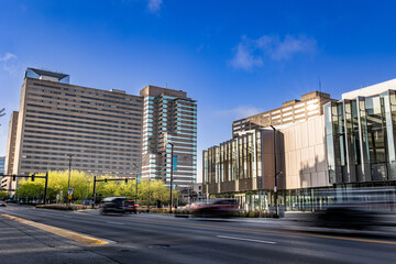 The newly constructed convention center and sports arena, along with towering office buildings and...