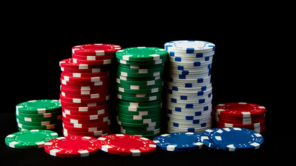 Stack of poker chips and cards, gambling at casino.