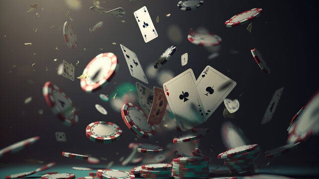 Stack of poker chips and cards, gambling at casino.