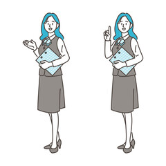 Woman in business uniform showing, introducing, and proposing [Vector illustration of full body] - obrazy, fototapety, plakaty