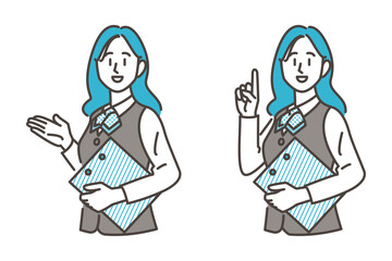 Female businessperson making a suggestion, introduction and advice [Vector illustration of upper body]