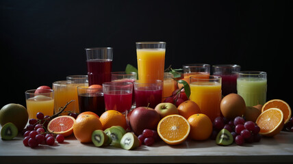 Healthy fruit juices on empty studio background.