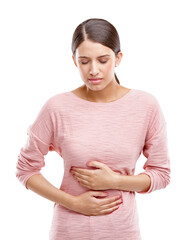 Woman, stomach pain or gut health with digestion problem or endometriosis isolated on transparent...