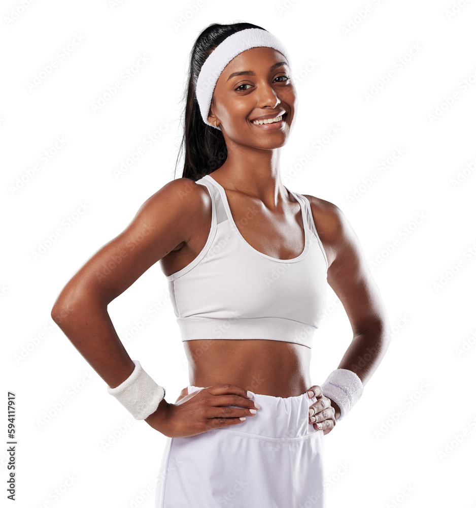 Sticker Tennis, portrait and happy sports woman isolated on a transparent png background. Young athlete, indian female and smile in uniform for contest, game and competition for fitness, workout and training