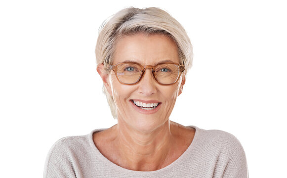 Portrait, glasses and PNG with a senior woman isolated on a transparent background for vision or optometry. Face, eyewear or insurance with a happy mature female wearing new frame prescription lenses