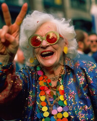 wild happy smiling grandma having a party while winning bingo, peace, victory, carnival, falling glitter, granny with sunglasses, generative ai