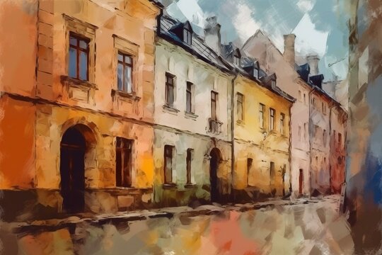 Impressionism painting modern artistic artwork, drawing oil Europe famous street, beautiful old vintage houses facade. Wall art design print template for canvas or paper poster,. Generative AI