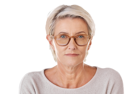 Glasses, portrait and senior woman in a studio for eye care, vision and optical wellness. Healthcare, optometry and face of a elderly female model with spectacles isolated by a png background.