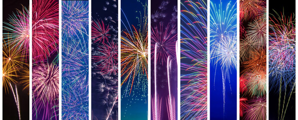Colorful firework set, new year celebration, abstract holiday background - 594118757