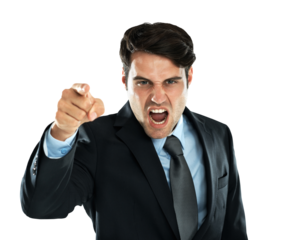 Portrait, screaming and pointing with a business man isolated on a transparent background in anger or conflict. Shouting, blame and discipline with an angry male employee yelling at work on PNG