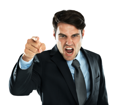 Portrait, screaming and pointing with a business man isolated on a transparent background in anger or conflict. Shouting, blame and discipline with an angry male employee yelling at work on PNG