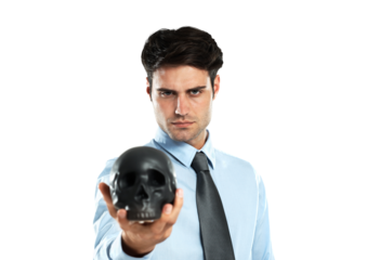 Portrait, businessman and black skull for death, symbol and horror. Serious, fail and corporate man showing human head for manipulation, witchcraft and bad luck isolated on transparent png background
