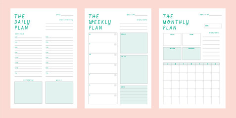 3 set of monthly and daily and weekly planner. Vector illustration.
