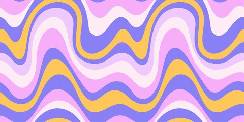 Groovy Waves Horizontal Background. Psychedelic Abstract Curves Vector Seamless Pattern in 1970s Hippie Retro Style