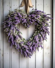 Heart-shaped wreath made from fresh, fragrant lavender flowers hanging on a rustic wooden door.