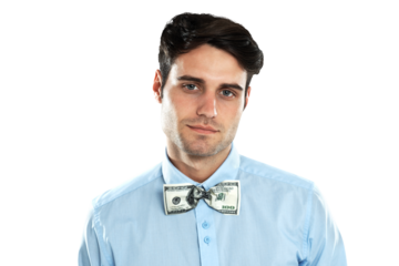 Businessman, portrait and corporate money on a shirt for wealth, rich and finance. Serious, profit and a male employee with cash bribe or fraud on clothes isolated on a transparent png background