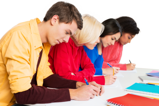 writing hands of students at course