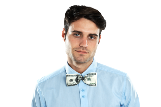 Businessman, portrait and corporate money on a shirt for wealth, rich and finance. Serious, profit and a male employee with cash bribe or fraud on clothes isolated on a transparent png background