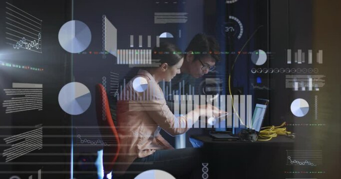 Animation of data processing over diverse male and female engineers working at server room - Powered by Adobe