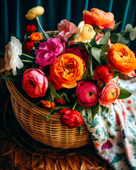 Freshly picked bouquet of flowers, including roses, peonies, and tulips, placed in a charming wicker basket.