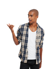 Naklejka premium Man pointing, marketing and promotion with gesture, sign and product placement isolated on transparent or png background. Promo, presentation and brand advertising with young male and show logo
