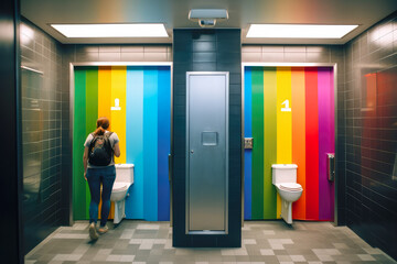 girl, young woman using first time a gender neutral unisex  toilet, public toilet facility, restroom, toilet bowls, no doors, dream interpretation, gender debate, architecture, privacy, generative ai - obrazy, fototapety, plakaty