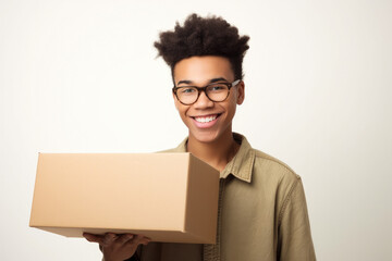 Smiling young black man with glasses holding a cardboard box, with a white background, high quality generative ai
