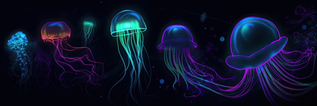 Abstract bioluminescent underwater fantasy. Glowing lights. Dreamy seascape with squid jellyfish. 3D stars, plants, fish, space, reef design.	