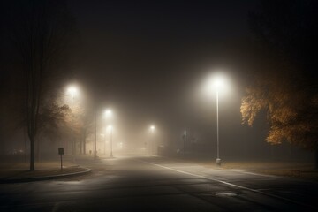 Streetlight on a foggy and dark parking lot. Generative AI