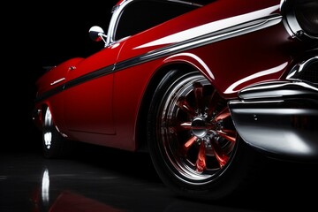 a red car with a chrome rim and a chrome hood and wheels is shown in a black background with a red background. Generative AI