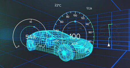 Animation of speedometer data processing over 3d car drawing - Powered by Adobe