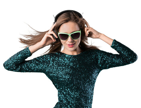 Young cute woman in sunglasses and headphones isolated on white background