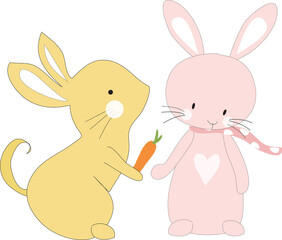Cute two bunny rabbits on png background