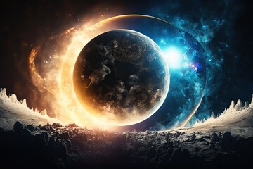 Abstract planet eclipse in space. Alien worlds with glowing lens flares. Sun and moon solar flares.