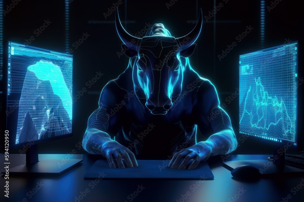 Canvas Prints Bull trading with computer background, Bullish in Stock market and Crypto currency. Created Generative Ai