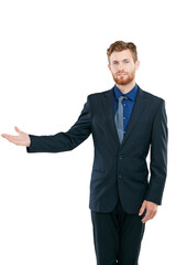 Portrait, introduction and PNG with a business man isolated on a transparent background for a presentation. Marketing, advertising and promotion with a male employee offering a company brand or logo
