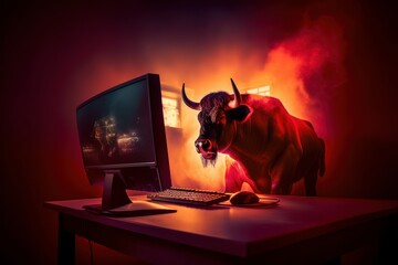 Bull trading with computer background, Bullish in Stock market and Crypto currency. Created Generative Ai - obrazy, fototapety, plakaty