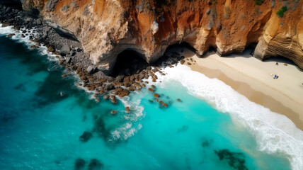 Aerial view of a secluded beach with turquoise waters, white sand, and dramatic cliffs.