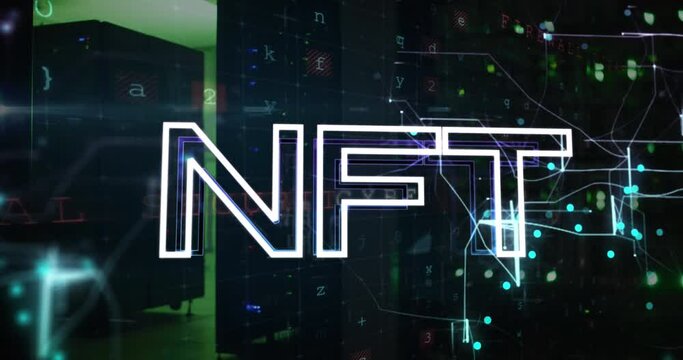 Animation of nft text over computer servers