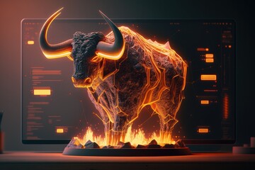 Fire sculpture of bull in front of computer screen, Bullish divergence in Stock market and Crypto currency. Created Generative Ai